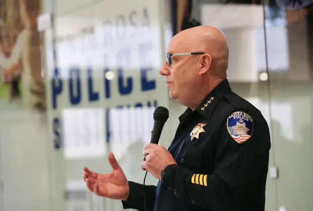 Santa Rosa Police Chief John Cregan speaks during a ceremony to officially open the new downtown substation inside Santa Rosa Plaza in Santa Rosa Tuesday, April 8, 2025. (Christopher Chung / The Press Democrat file)