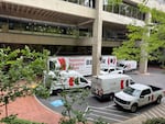 Restoration teams are on site at the Multnomah Athletic Club in Portland, Ore., May 4, 2026. The facility was damaged after a man drove an explosives-laden vehicle into the entrance of the building in the early hours of Saturday morning.