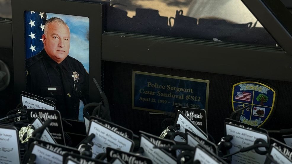 Memorial flag and plaque for Chico Police Sergeant Cesar Sandoval. (KRCR)