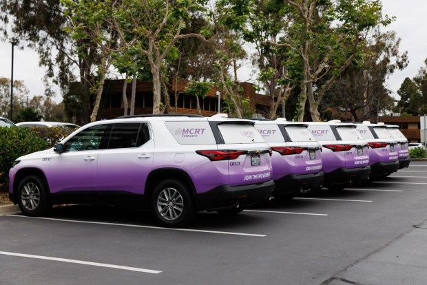 Telecare MCRT vehicles are parked in the parking lot at the Mobile Crisis Response Team headquarters on Wednesday, May 13, 2026. The team have 21 total vehicles, including vans, that can be staged throughout San Diego County for quick response times. (Kristian Carreon / The San Diego Union-Tribune)