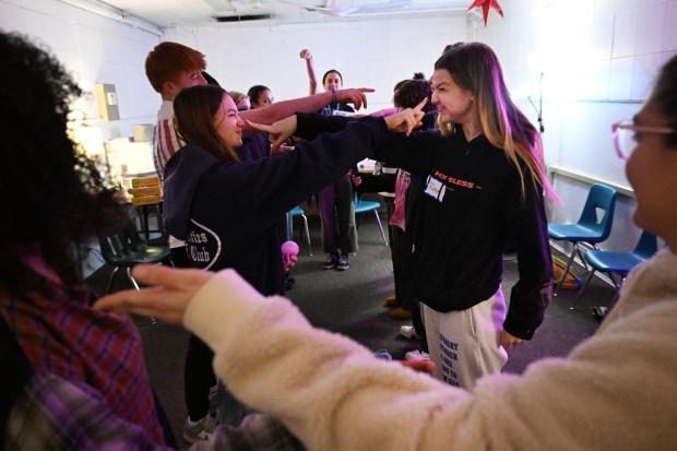 Jun Logue, 15, left, and Rose Negler, 17, right, participate in a creative exercise during a Sources of Strength workshop for students at South High School in Denver on March 19, 2025. (Photo by Helen H. Richardson/The Denver Post)