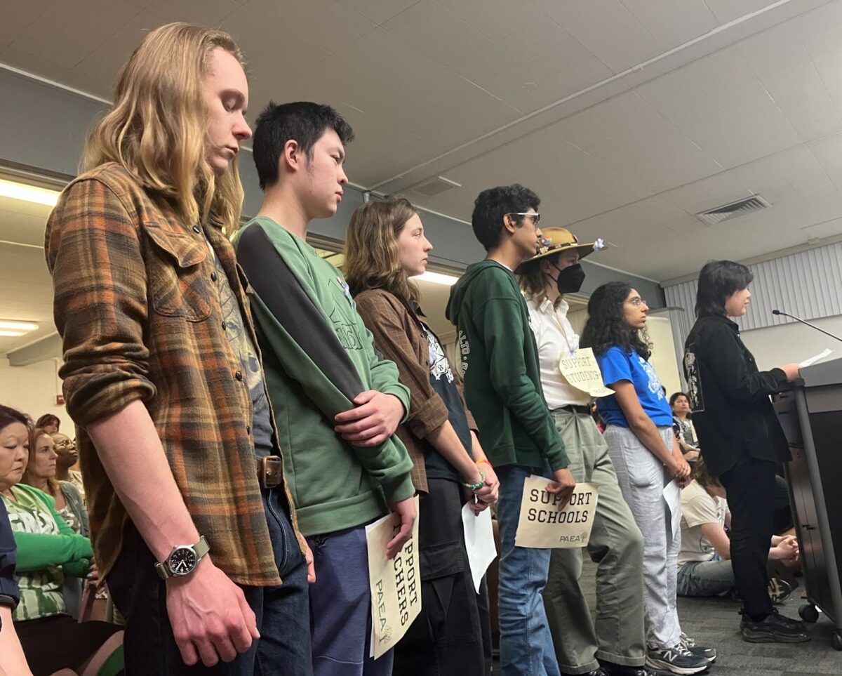 A group of students line up to deliver a "continuous speech" at the March 17 Palo Alto Unified School District school board meeting. According to junior Dorian Luo (speaking), both the students and administration want to connect with each other. “Students need to see the changes being made,” Luo said. “We know you are all working so hard behind the scenes. Please, help us bring your work to the public’s attention.”