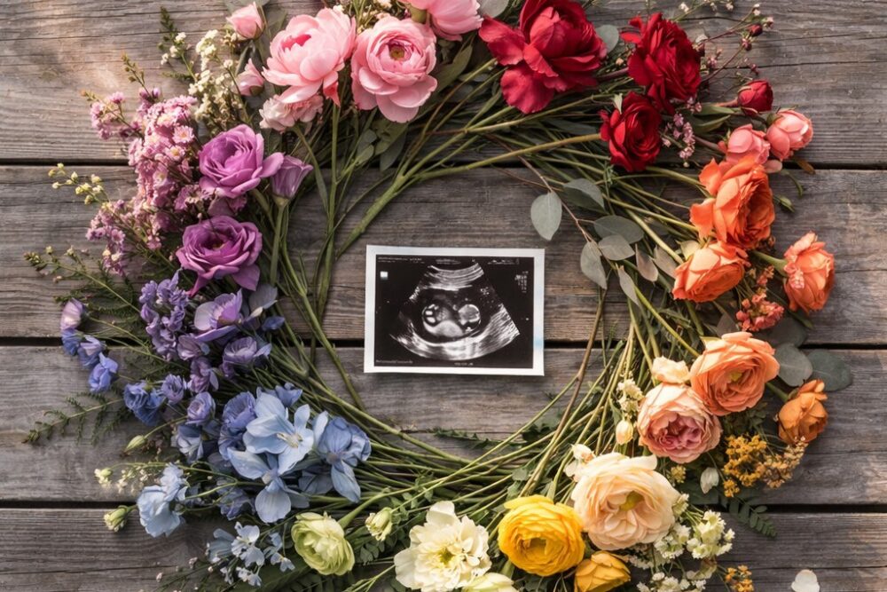 A photo of an ultrasound in the middle of a wreath of flowers