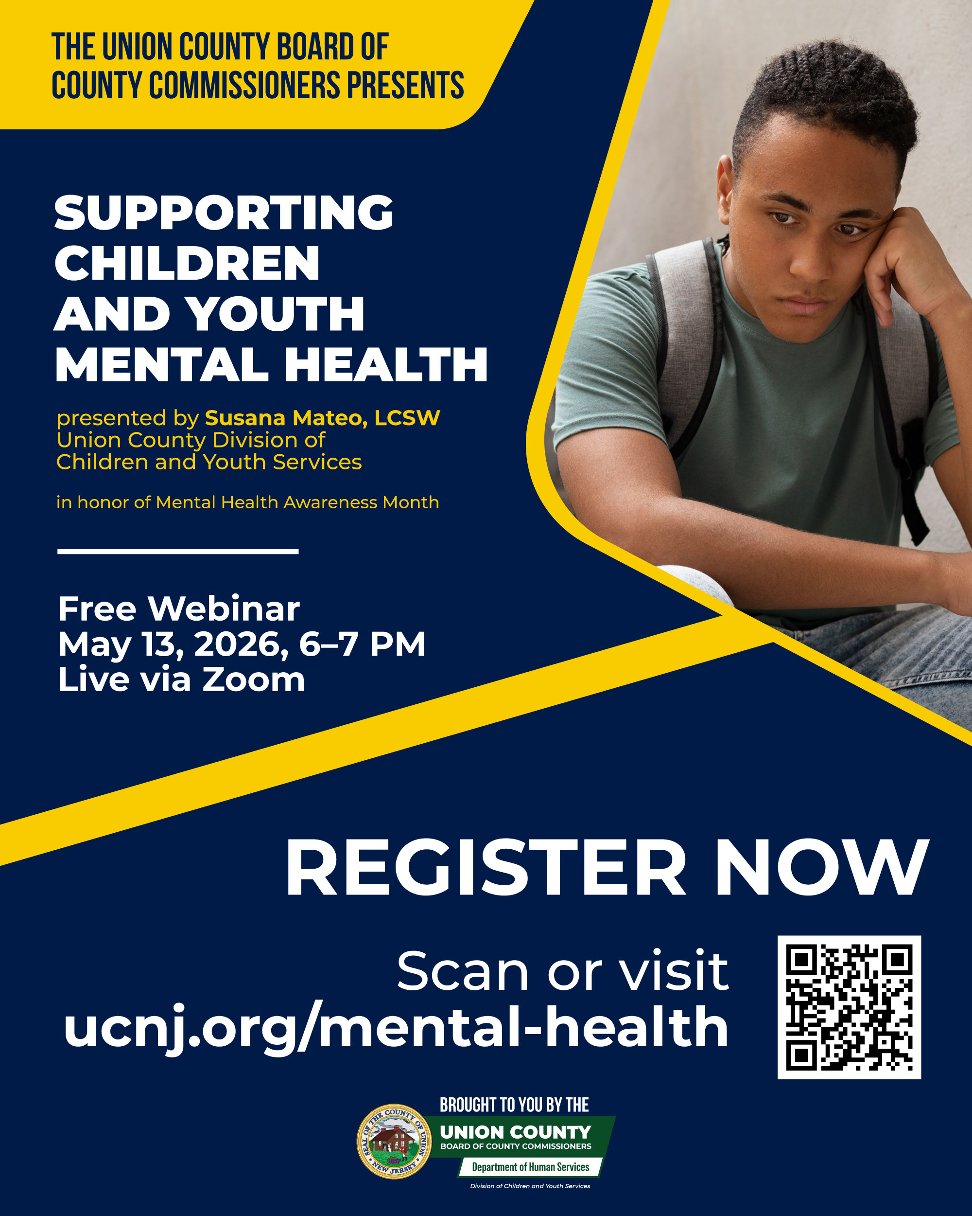 A flyer advertising “Supporting Children and Youth Mental Health” on May 13 from 6:00pm to 7:00pm/