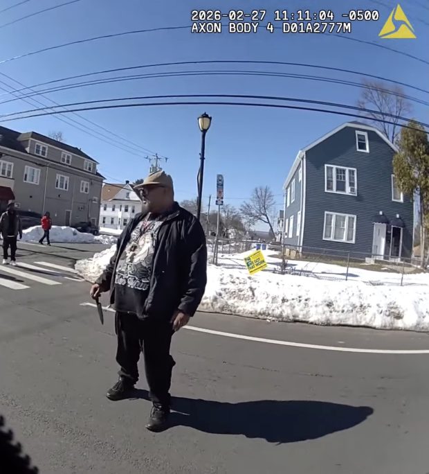 Body camera footage from Oﬃcer James Prignano of the Hartford Police Department shows him persuading Steve Jones to drop his knife before Jones was shot at nine times by Oﬃcer Joseph Magnano on Feb. 27. (Courtesy of Office of Inspector General) 