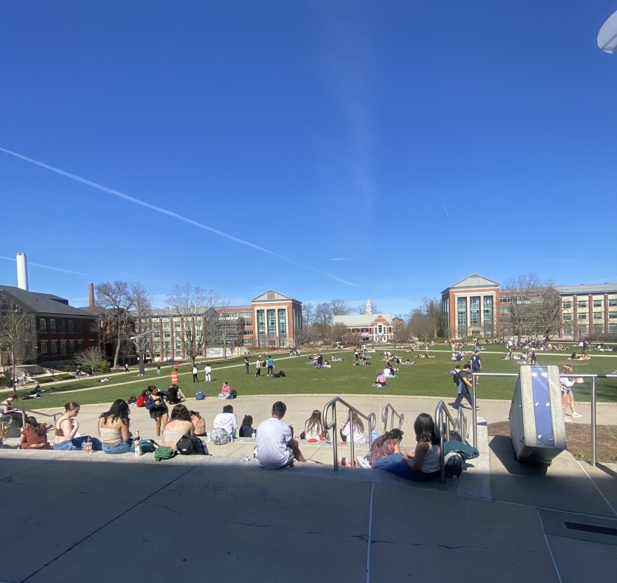 Students outside of the Student Union on UConn’s Storrs campus.