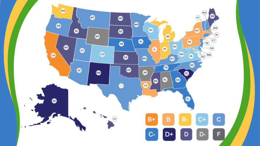 A map of the U.S. shows states in different colors, mainly blue, which is C grades for maternal mental health resources