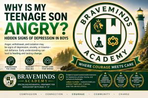 Braveminds Academy mental health awareness graphic featuring the headline "Why Is My Teenage Son Angry?