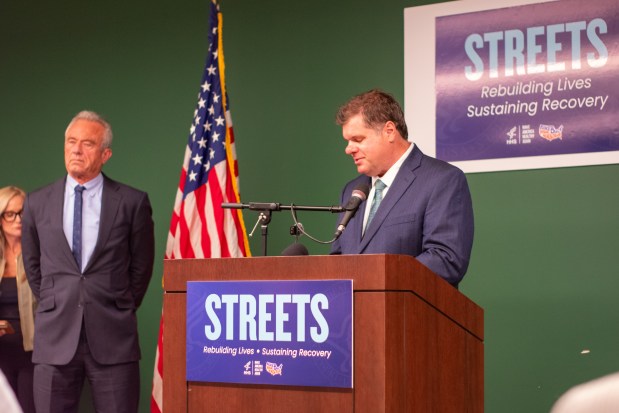 Brent Wirth, the CEO of Easterseals MORC, introduces Robert F. Kennedy Jr. in Clinton Township June 17. (Sophia Lada / MediaNews Group)