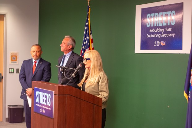 Kathryn Burgum, who is the co-chair of the Great American Recovery Initiative, talks at a press conference in Clinton Township June 17. (Sophia Lada / MediaNews Group)