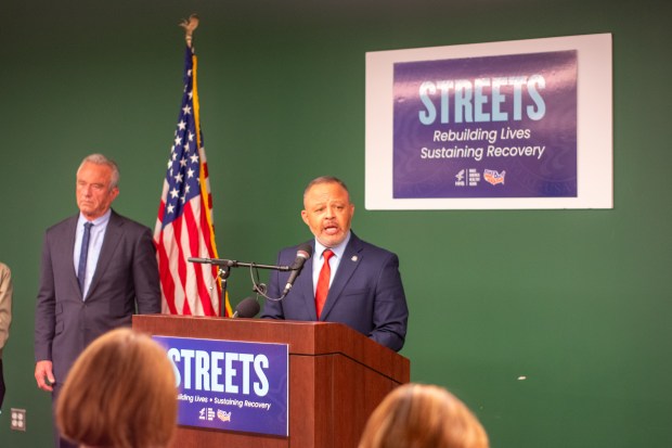 Monty Burks, the director of the HHS Center for Faith, talks at a press conference in Clinton Township June 17. (Sophia Lada / MediaNews Group)