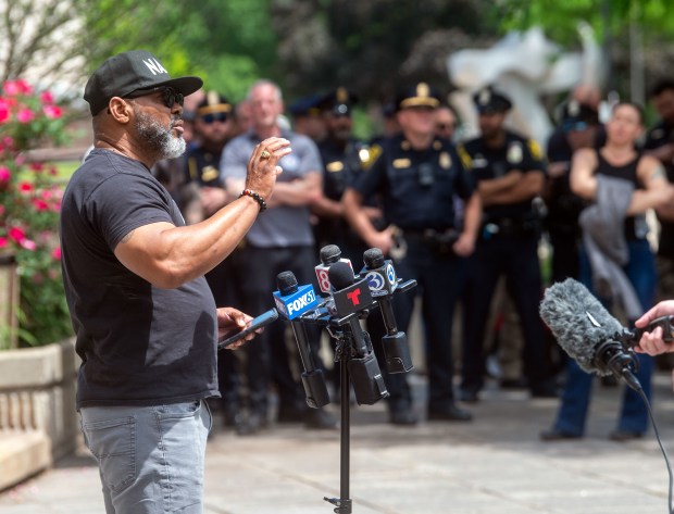 Corrie Betts, president of the Greater Hartford Branch NAACP, speaks to reporters after the arraignment of former Hartford police officer Joseph Magnano at Hartford Superior Court on Friday, June 5, 2026. Magnanom is charged with first-degree manslaughter in the fatal shooting of Steven "Stevie" Jones in February 2026. (Aaron Flaum/Hartford Courant)