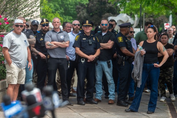 Members of the Hartford Police Department gather outside Hartford Superior Court to support former Hartford police officer Joseph Magnanom during his arraignment on Friday, June 5, 2026. Magnano is charged with first-degree manslaughter in the fatal shooting of Steven "Stevie" Jones in February 2026. (Aaron Flaum/Hartford Courant)