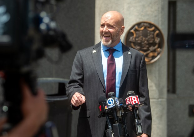 Sgt. James Rutauski, president of the Hartford Police Union, speaks to reporters after the arraignment of former Hartford police officer Joseph Magnano at Hartford Superior Court on Friday, June 5, 2026. Magnano is charged with first-degree manslaughter in the fatal shooting of Steven "Stevie" Jones in February 2026. (Aaron Flaum/Hartford Courant)