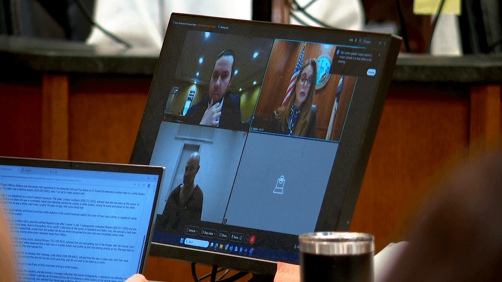 Michael Matthew Murphy, Jr. appears in Buncombe County court virtually (bottom left) on Thursday, June 4, 2026, on multiple indecent exposure charges. (Photo: WLOS Staff)