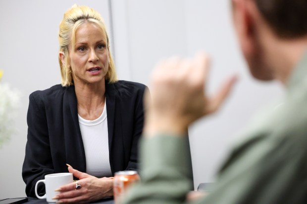 Shayne Schumacher, executive director of Albany Care, left, speaks about the services offered at Albany Care on June 5, 2026, in Evanston. (Stacey Wescott/Chicago Tribune)