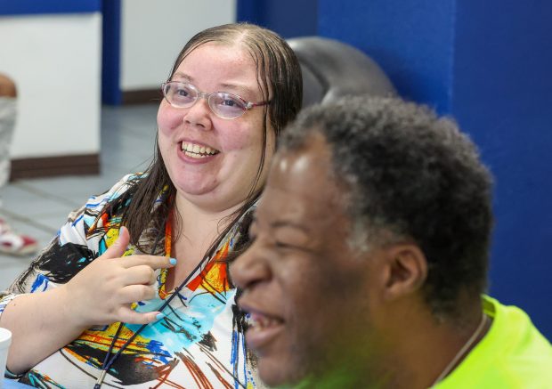 Aliya Ferguson, left, and Maurice Marks, both residents at Albany Care, speak about the positive experience they've had living in the facility on June 5, 2026, in Evanston. (Stacey Wescott/Chicago Tribune)