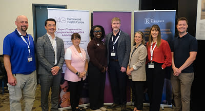 L to R: Dr. Marcel Parent, Steering Committee Member; Dr. Carlos Lalonde, President and Chief of Staff, Homewood Health Centre, and EVP, Medical Services, Homewood Health Inc.; Adrienne Patterson, Speaker and mental health advocate; Cynthia Appiah, Keynote Speaker and Canadian Olympian (bobsleigh); Dr. J.D. Vanderkooy, Presenter; Dr. Kristen Weersink, Presenter; Catriona Forbes, Director of Physician and Community Relations, Homewood Health Centre; and Dr. Ben McCutchen, Steering Committee Member.
