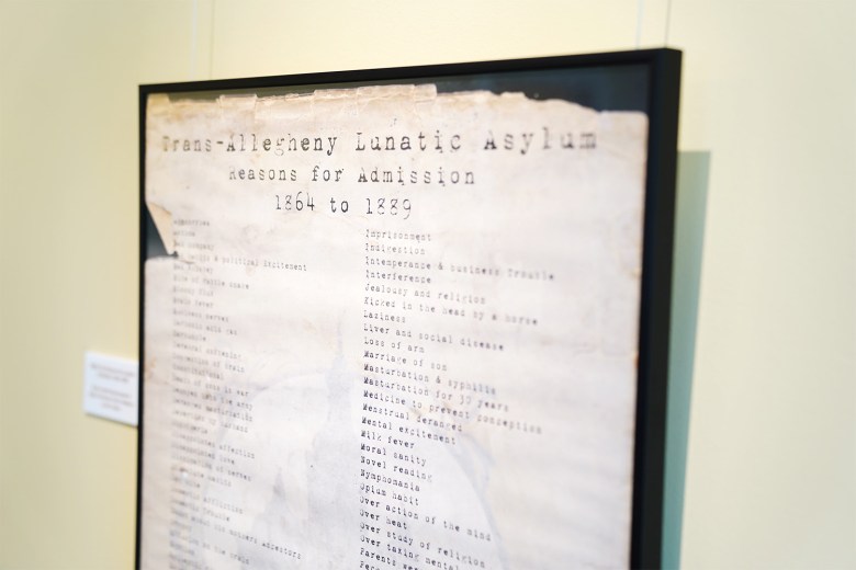 An aged print is displayed in a black picture frame. The print reads "Trans-Allegheny Lunatic Asylum Reasons for Admission 1864 to 1889.